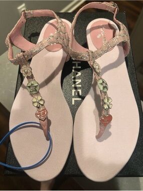 CHANEL Pink T-Strap Embellished Flat Sandals